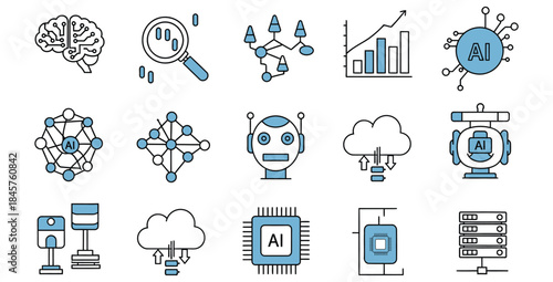 Collection of fifteen distinct line art icons representing artificial intelligence machine learning and data processing concepts