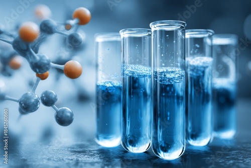 Laboratory test tubes with blue liquid, scientific research, chemistry experiment in a modern lab setting featuring molecular structure background