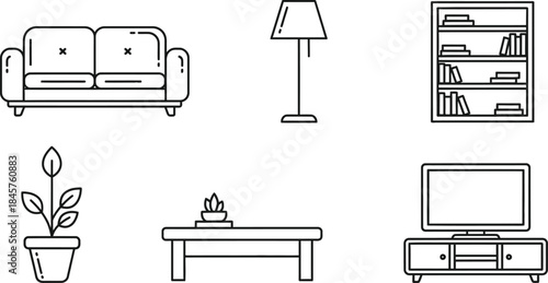 Set of six line icons representing living room furniture and decor sofa, floor lamp, bookshelf, potted plant, coffee table with cactus, and television on a stand