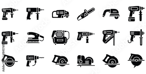 Collection of black silhouette icons representing various power tools for construction and carpentry work