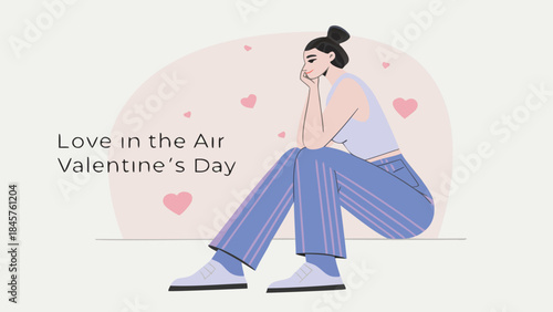 A young woman in blue jeans and white top sits surrounded by floating hearts on valentine's day