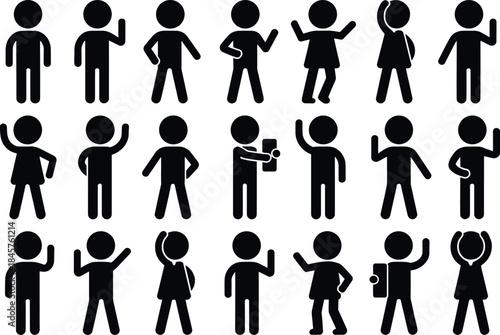 collection of black stick figures illustrating various human activities, movements, and gestures