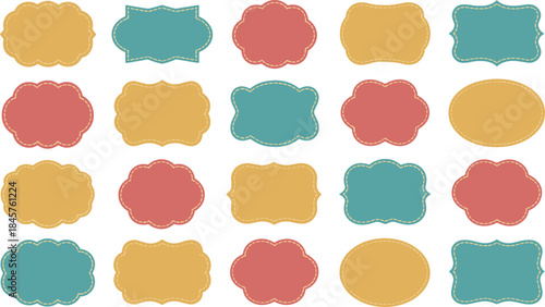 collection of decorative vintage frames and labels in a retro color palette