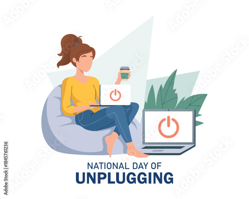 National Day of Unplugging. a black woman is reading a book, the computer is turned off. Concept illustration rejection of gadgets.