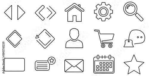 Collection of minimalist black outline icons representing essential user interface elements for web and app design