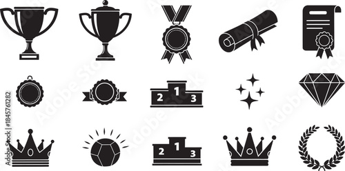 Collection of awards and recognition icons in black silhouette