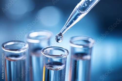 Close-Up of a Pipette Dripping Liquid into Glass Test Tubes in a Lab Setting with Blurred Blue Background