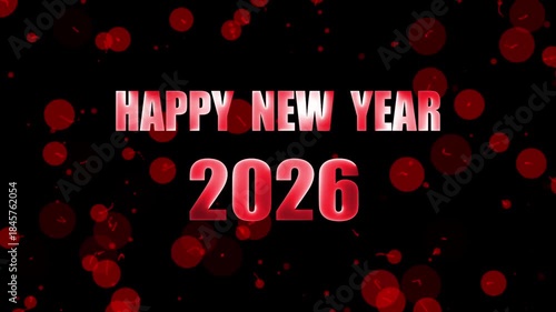 a graphic wishing a happy new year for 2026. Animated red, circular bokeh effects are present in the background