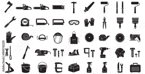 Collection of black silhouette icons representing various carpentry construction and repair tools for DIY projects