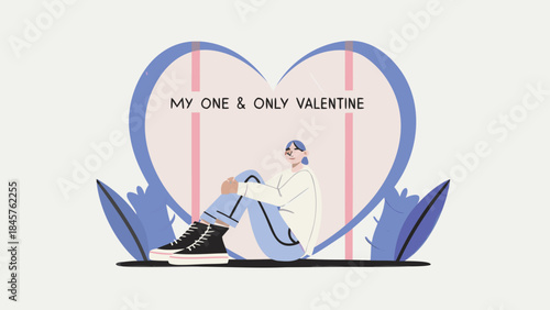 Flat character sitting on giant heart with leaves, valentine's day themed illustration with pastel colors and casual outfit