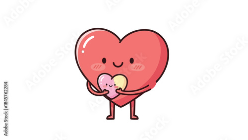 A cute cartoon heart character holding a smaller heart with a smiling face and blush cheeks on white background with soft pink colors
