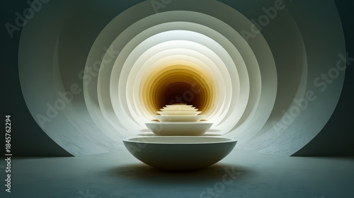 Fototapeta Naklejka Na Ścianę i Meble -  Series of white bowls are arranged in a row, with the center bowl being the largest. The bowls are placed in a hallway