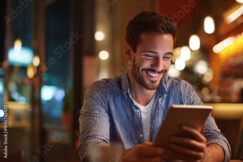 Young man sitting in a cafe holding tablet computer with a smile on his face enjoying leisure time while relaxing in a cozy environment with warm lighting