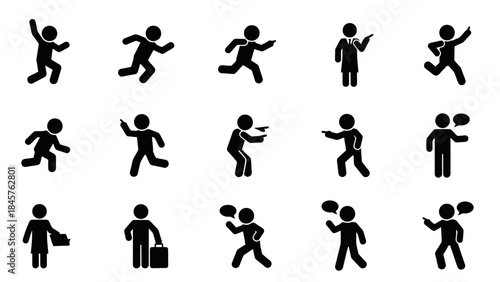 Stick Figure Silhouettes: Dynamic collection of stick figure silhouettes, each representing distinct action. perfect for illustrating activity or communication.