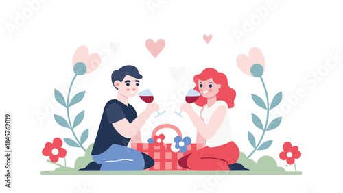 Young couple enjoys romantic picnic in a field of flowers with wine and a basket