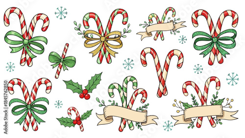 Festive Candy Canes: A delightful assortment of festive candy canes, adorned with ribbons and greenery, evokes the spirit of the holiday season, creating a cheerful and inviting atmosphere.