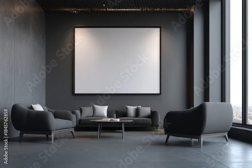 Modern minimalist interior with large blank frame on wall and sleek furniture design emphasizing simplicity and elegance in contemporary space