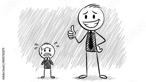 Bossy and Submission: Illustration shows the power and pressure in relationship within workplace. One figure stands tall, exhibiting confidence with a thumbs-up.