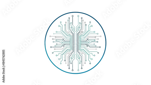 Digital Network: A detailed circuit board design is showcased within a circular frame, symbolizing intricate connections and advanced technological development.