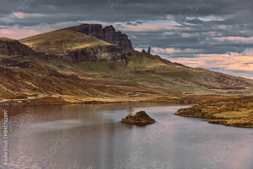 Loch Fada (Long) at the foot of the Trotternish ridge with The Storr summit and The Old Man of Storr pinnacle in the background. Skye-Scotland-170