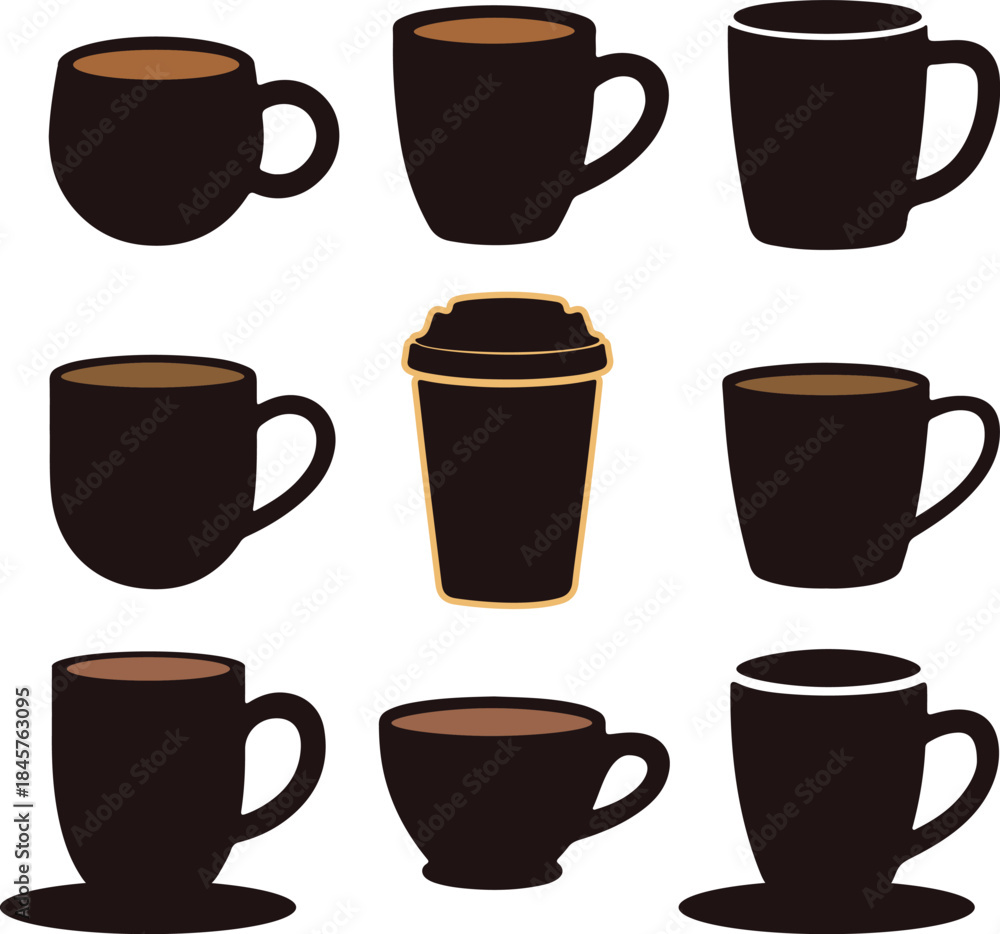 Obraz premium Coffee Cup and Mug Icon Set with Takeaway Cup – Flat Vector Illustration
