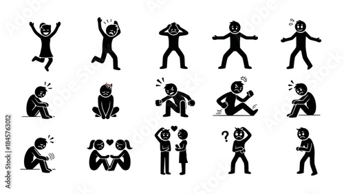 Human Emotions: A collection of stylized human figures expressing a range of emotions, including joy, confusion, and despair, offering a visual representation of the human experience.