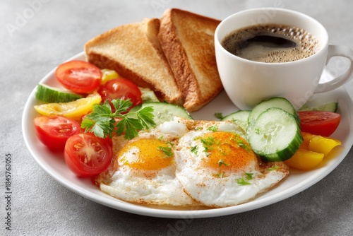 Delicious and Nutritious Breakfast Plate Featuring Eggs, Fresh Vegetables, Toast, and a Warm Cup of Coffee on a Light Gray Background
