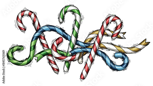 Candy Cane Swirl: A whimsical illustration showcases an artful arrangement of vibrantly striped candy canes, their curved forms intermingling in a delightful dance.
