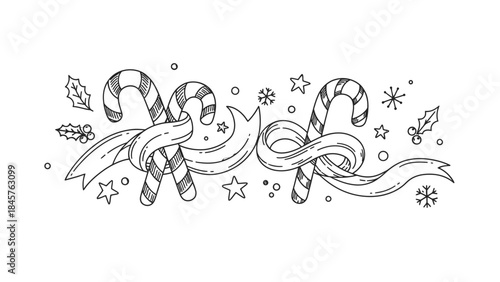 Festive Candy Canes: Festive Candy Canes and Ribbon. Adorned with delicate holly leaves and shimmering stars. A whimsical composition. A celebration of seasonal delight