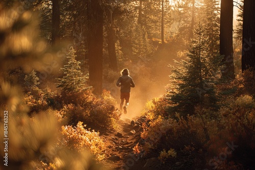 Clean, golden hour light filtering through trees, illuminating a runner in mid-stride on a forest trail, warm glow, nature connection, dynamic action, 16K,