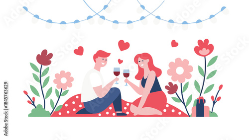 Couple on romantic picnic under fairy lights in blooming garden with flowers and wine