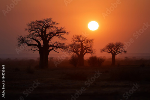 A breathtaking sunset view over iconic baobab trees, emphasizing the beauty of nature and the tranquil ambiance of the African landscape at twilight.