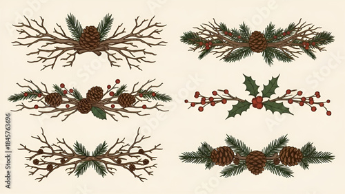 Vintage holiday garlands with pine cones