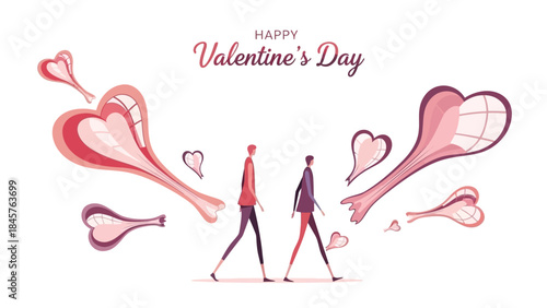 Happy valentine's day couple walking together surrounded by pink hearts and love symbols in a romantic illustration