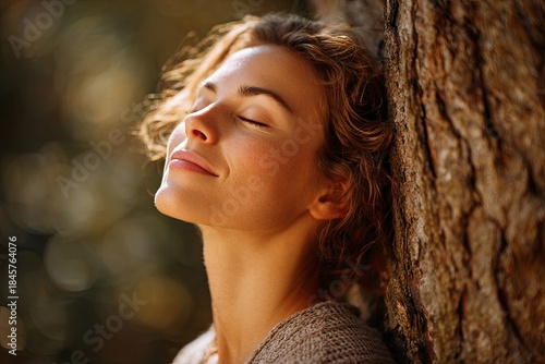 A person leaning against a clean tree trunk, eyes closed, with a subtle smile and relaxed posture, nature therapy, grounding, soft focus, ethereal light, cinematic,