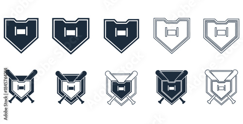 Collection of baseball home plate icons and emblems featuring various styles for sports design projects