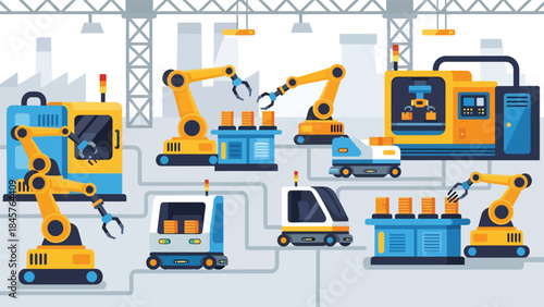 Modern industrial manufacturing factory with automated machines and workers, flat vector illustration, ideal for industry, production, and business visuals