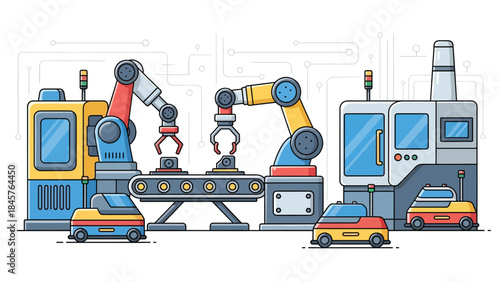 Modern industrial manufacturing factory with automated machines and workers, flat vector illustration, ideal for industry, production, and business visuals