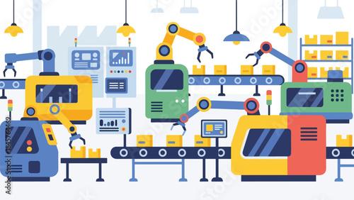 Modern industrial manufacturing factory with automated machines and workers, flat vector illustration, ideal for industry, production, and business visuals