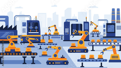 Modern industrial manufacturing factory with automated machines and workers, flat vector illustration, ideal for industry, production, and business visuals
