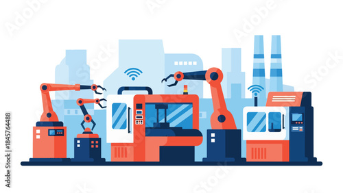 Modern industrial manufacturing factory with automated machines and workers, flat vector illustration, ideal for industry, production, and business visuals
