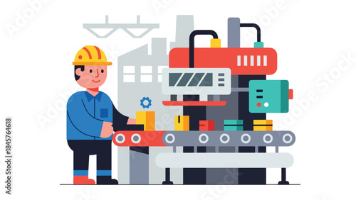 Assembly line production process with workers and machinery in modern factory, flat vector style, ideal for manufacturing, efficiency, and industrial concepts