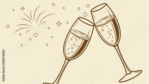 Two glasses of champagne and bottle for wedding party celebration illustration