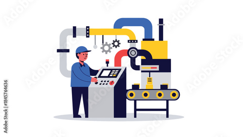 Assembly line production process with workers and machinery in modern factory, flat vector style, ideal for manufacturing, efficiency, and industrial concepts