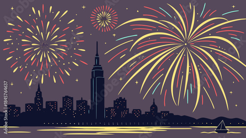 Colorful fireworks light up the night sky over the city for a beautiful New Year celebration