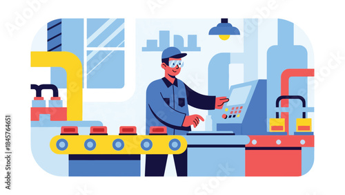 Assembly line production process with workers and machinery in modern factory, flat vector style, ideal for manufacturing, efficiency, and industrial concepts
