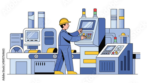 Assembly line production process with workers and machinery in modern factory, flat vector style, ideal for manufacturing, efficiency, and industrial concepts