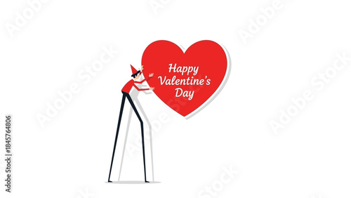 A charming elf man wearing glasses holds a large red heart with a happy valentines day message on a white background