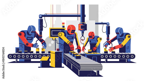 Industrial robotic working in smart factory environment, modern flat vector illustration, ideal for automation, technology, and future industry themes
