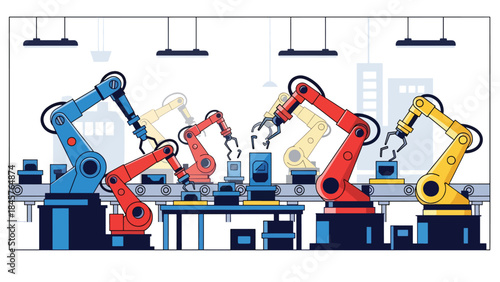 Industrial robotic working in smart factory environment, modern flat vector illustration, ideal for automation, technology, and future industry themes